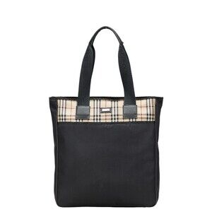 Burberry Nova Check Tote Bag Shoulder Black Beige Tan Nylon Canvas